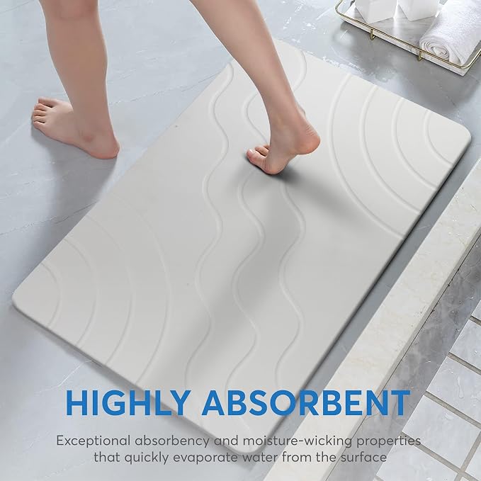 Stone Bath Mat Quick Drying Diatomaceous Earth Bath Mat Non Slip Shower Mat Super Absorbent Stone Bath Mats for Bathroom, Floor, Kitchen Counter, Easy to Clean (23.6” X 15.3”, White)