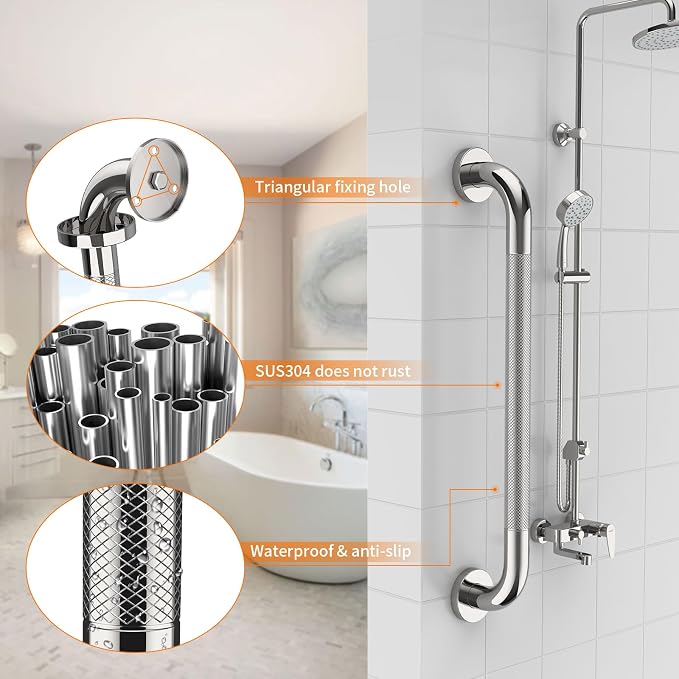 Anti Slip Shower Grab Bar 36 Inch, YuanDe Chrome Stainless Steel Bath Grab Bar, Knurled Bathroom Safety Rail, Shower Handrail Support, Handicap Elderly Balance Assist Handles