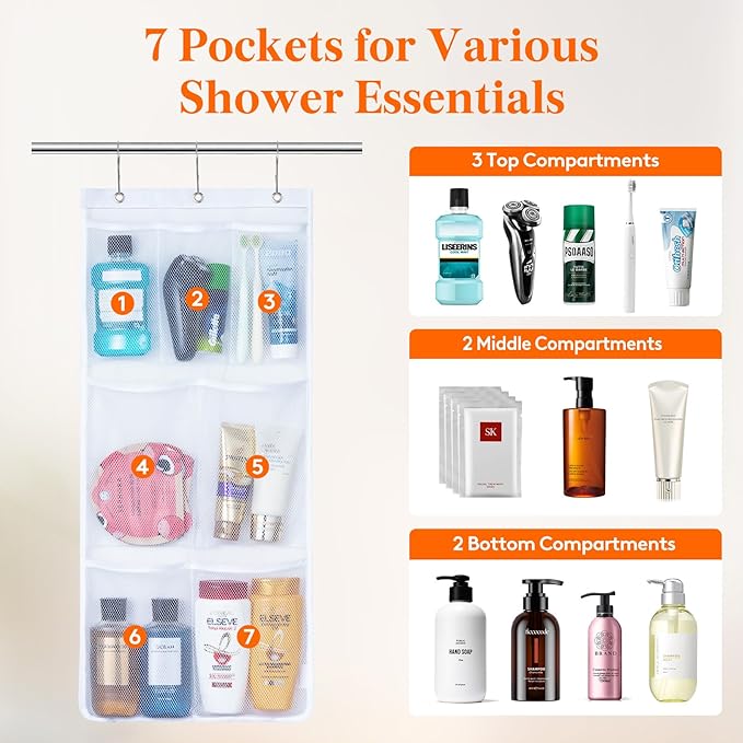 Lifewit Cruise Essentials Shower Caddy Must-Have, 7 Pockets Hanging Bathroom Organizer with Quick-Dry Mesh, Portable Shower Bag to Storage Soap, Shampoo, for RVing, Travel, Camping, White, 1 Pack
