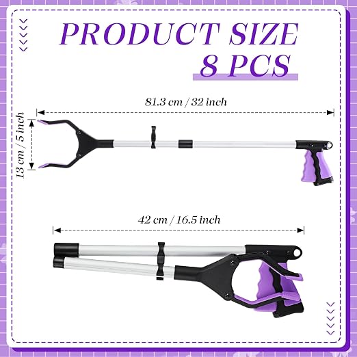 Ctosree 8 Pack 32" Trash Grabber Reacher Tool for Elderly, Foldable Litter Picker Upper, Lightweight Trash Pick up Stick, Long Handy Mobility Aids for Home Garden Arm Extension(Purple)