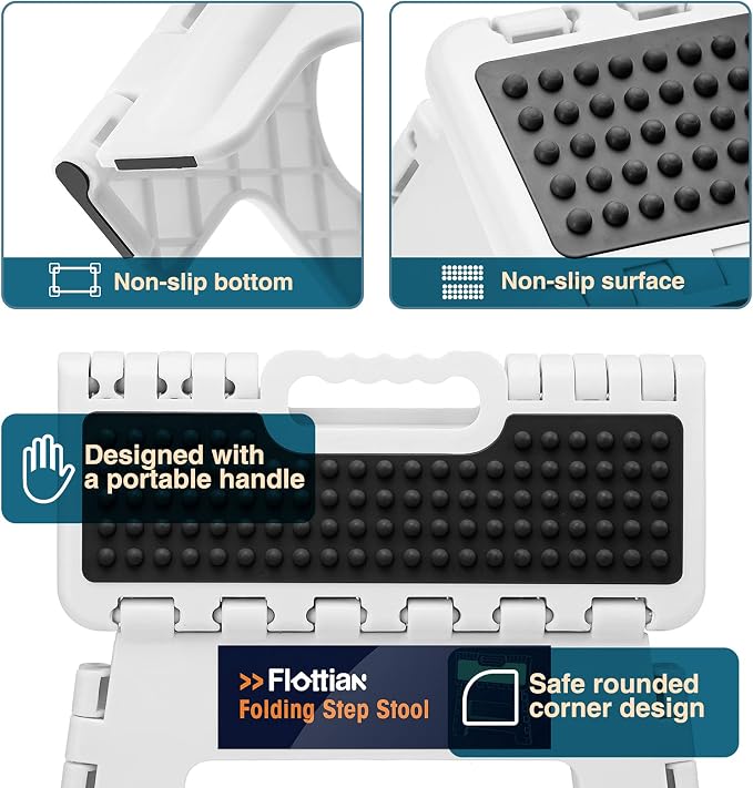 Flottian 13" Folding Step Stool for Adults and Kids Holds Up to 300 lbs,Non-Slip Folding Stools with Handle, Compact Plastic Foldable Step Stool for Bathroom,Bedroom, Kitchen White,1PC