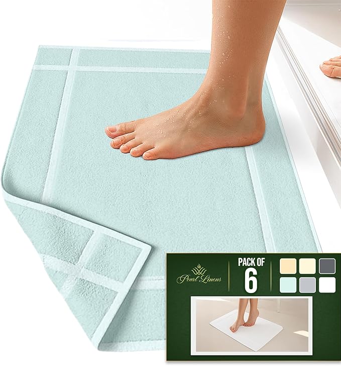 Pearl Linens Pack of 6 100% Cotton Bath Mat 18x25 inches, Soft & Absorbent Quick Dry Bathroom Mat Set, Not Bathroom Rugs, After Shower Mat, Bath Tub Mat, 781 GSM, Machine Washable, Mint Green