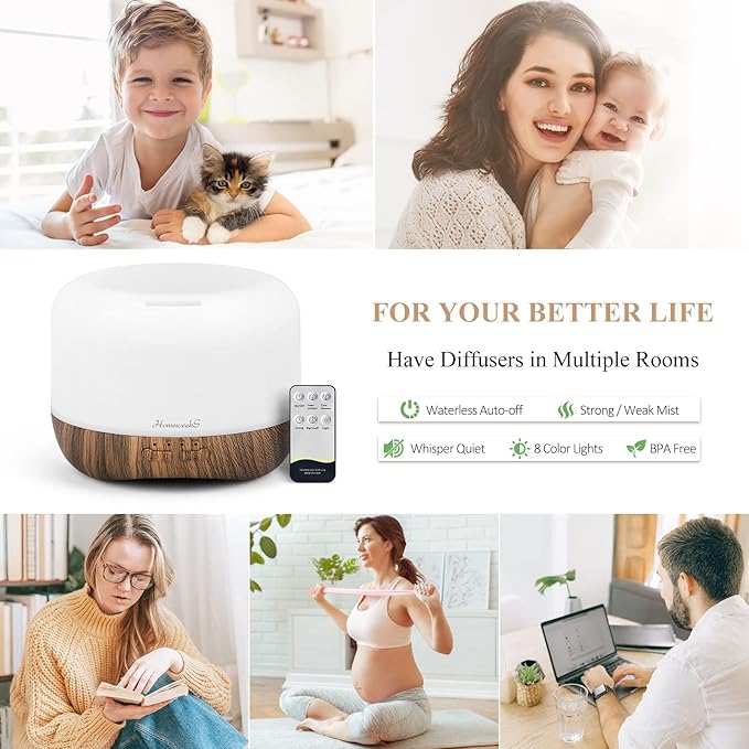 Aromatherapy Essential Oil Diffuser for Room: 500ml Colorful Aroma Air Humidifier with Adjustable Cool Mist Mode, Auto Off Ultrasonic Diffusers for Large Room Home Office(Brown)