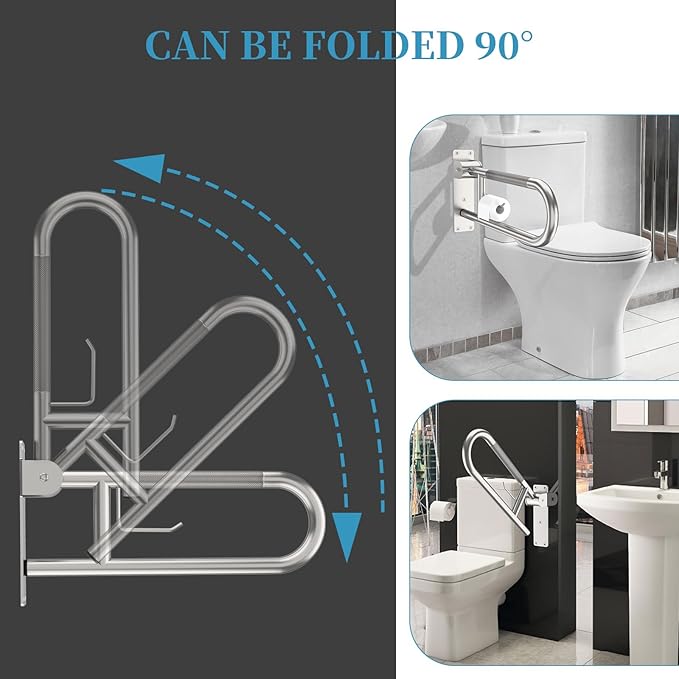 Toilet Grab Bar 24 Inch, Munzong Anti-Slip Handicap Grab Bars with Paper Holder, Flip-Up Bathroom Toilet Safety Rails, Stainless Steel Knurled Support handrails for Seniors Elderly Disabled Pregnant