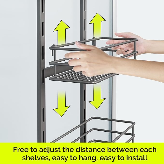Orimade Over The Door Shower Caddy Adjustable 4 Tier Dark Grey,Bathroom Hanging Organizer Shelf Rustproof with 4 Hooks,Shower Basket with Soap Holder and Suction Cup
