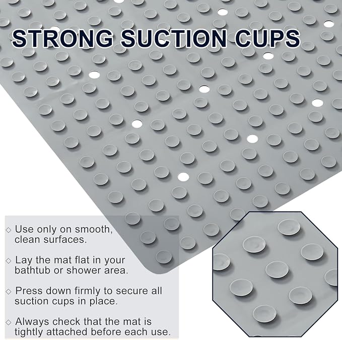 Webos Anti Slip Shower Mat for Tub & Shower Stall, 21" x 21" Square Silicone Bathtub Mat with Powerful Suction Cups, Fast-Draining, Machine Washable Soft Foldable Bathroom Mat, Grey