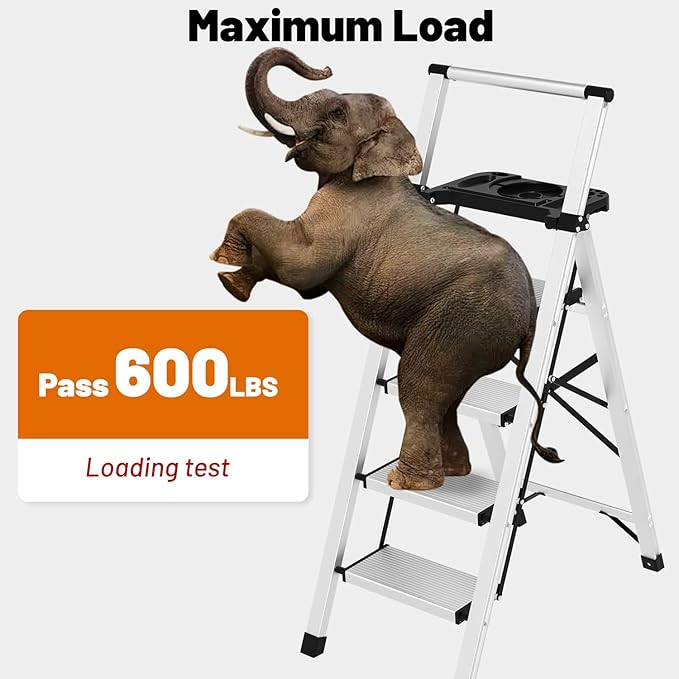 4 Step Ladder with Tool Tray - 600lbs Heavy Duty Lightweight Step Stool with Extended Handrails, Work Platform for Home Maintenance & DIY Projects