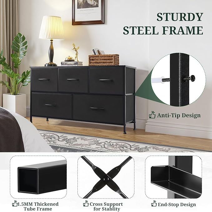 5-Drawer Dresser for Bedroom, Anti-Tip Wide Storage Organizer Fabric Chest of Drawers TV Stand for 45" TV with Wooden Top and Metal Frame for Closet, Living Room, Hallway, Entryway, Black