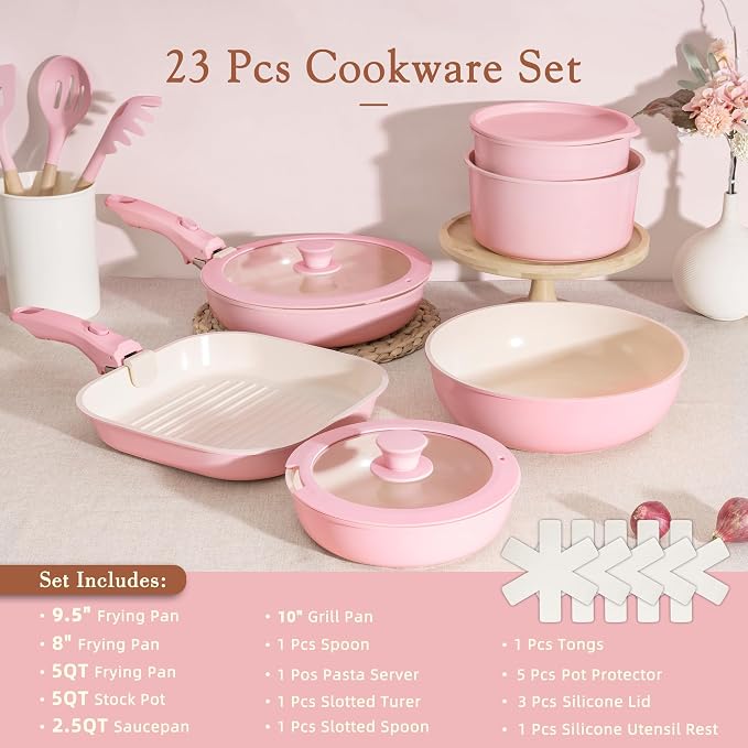 Astercook 23 Pcs Pots and Pans Set Non Stick, Ceramic Cookware Set Detachable Handle, RV Kitchen Cooking Set Removable Handles, Oven Safe, Induction Ready, Stackable, Pink, Mothers Day Gifts