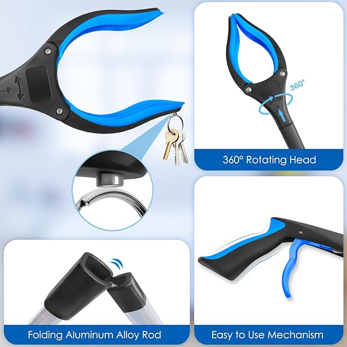 32" Grabber Reacher Tool, 2-Pack Foldable Reacher Grabber Pickup Tool with 360° Anti-Slip Rotating Jaw & Magnet, Mobility Aid Reaching Assist Tool for Trash Pick Up, Lightweight Grabber Tool