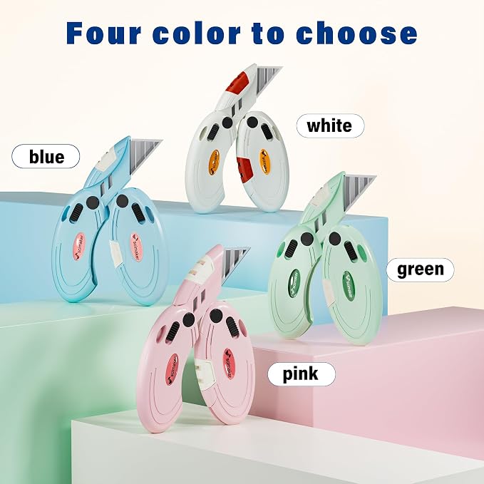 Box Opener with 10 Extra Blades,Mini Box Cutter with Button Lock Mechanism,Razor Blades Utility Knife for Opening Daily Express Boxes, Packages, Envelopes,Paper tapes,4 Pcs,Assorted Colors.