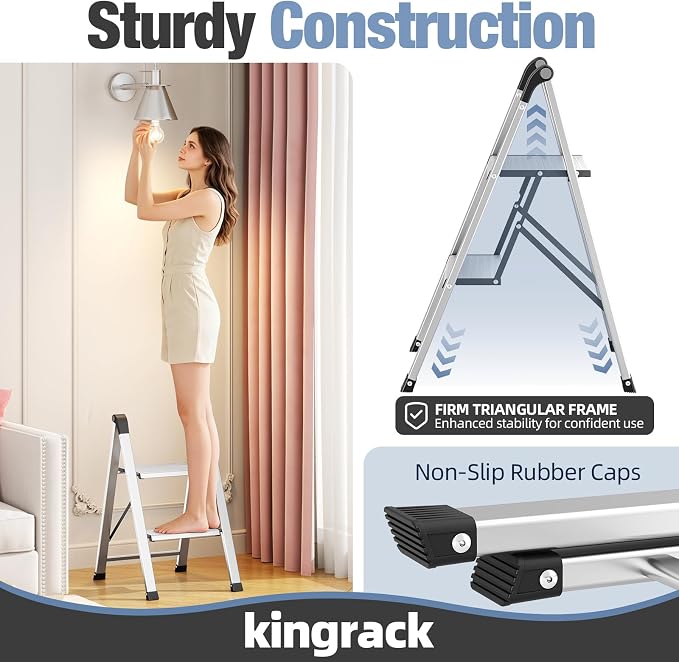 KINGRACK Aluminum Step Ladder, 2 Step Ladder Folding Design, Step Stool Foldable with Safe Grip, Non-Slip Handrails, Safety Lock, Heavy Duty 330LBS for Home, Kitchen, Garage, RV, Sliver