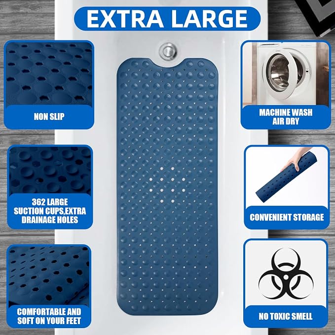 ZHICHENG Bath Tub and Shower Mats, Non-Slip 39 x 16 Inch Extra Long Bath Mat, Machine Washable Bathtub Mat with Drain Holes, Suction Cups for Bathroom (Blue)