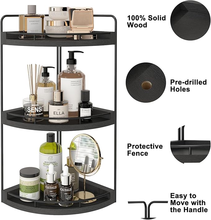 Fixwal Corner Bathroom Counter Organizer, 3 Tier Rustic Bathroom Organizer, Wood Countertop Storage Tray for Vanity, Kitchen, Bedroom (Black)