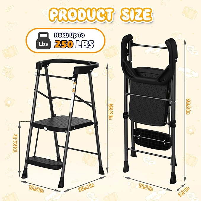 HBTower Kids 2 Steps Step Stool,Toddler Tower for Kitchen Counter Learning,Toddler Kitchen Stool Helper with Anti-Drop Safty Railing Kids Standing Folding Stepper(Black)