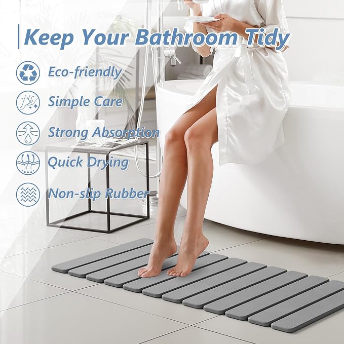 AWW Foldable Stone Bath Mat, Quick Dry Diatomaceous Earth Bath Mat with Non-Slip Mat, Super Absorbent, Easy to Clean, Compact for Small Bathrooms, 31.5 x 15.7, Grey
