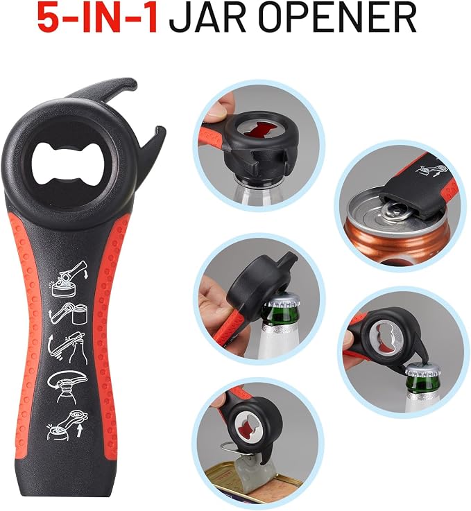 Jar Bottle Opener for Weak Hands,4 &5 in 1 Multi Function Non-Slip Can Lid Opener Tools with Silicone Jar Gripper Pad,Suitable for Seniors,Children and Arthritic Hands (Red)