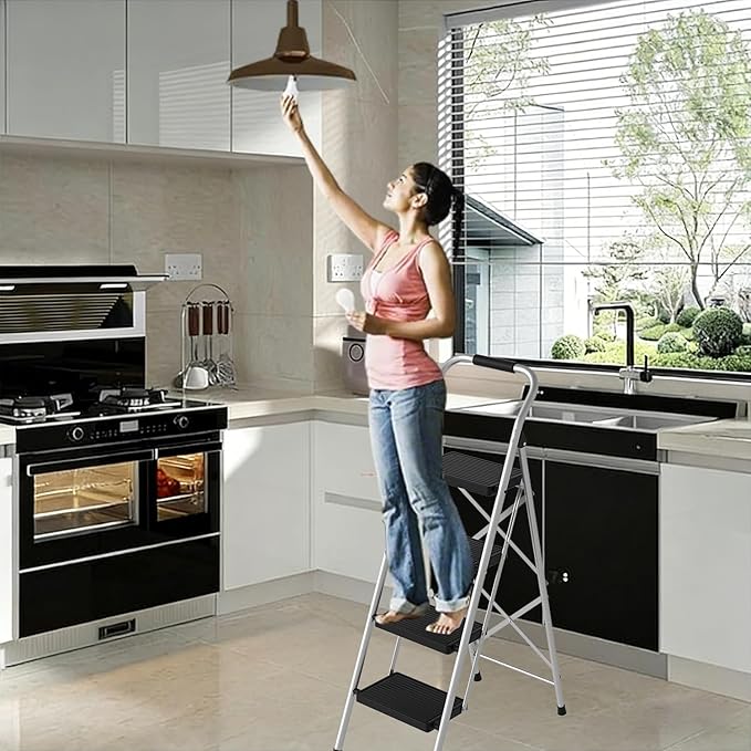 Step Stool for Adults,4 Step Ladder Folding 330lbs Anti Slip Step Ladder,Foldable Ergonomic Step Stool with Wide Pedal for Home, Kitchen, Office (Sliver)