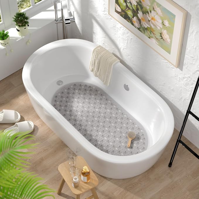 HITSLAM Non Slip Bathtub Mat, 27x15 Inch Bath Mat for Tub with Suction Cups and Drainage Holes, Machine Washable Oval Shower Mat for Kids, Seniors and Daily Use, Phthalate Free PVC, Grey