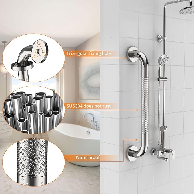 20 Inch Anti Slip Shower Grab Bar, YuanDe Polished Chrome Stainless Steel Bath Grab Bar, Knurled Bathroom Safety Rail, Shower Handrail Support, Handicap Elderly Balance Assist Handles-1.25" Diameter