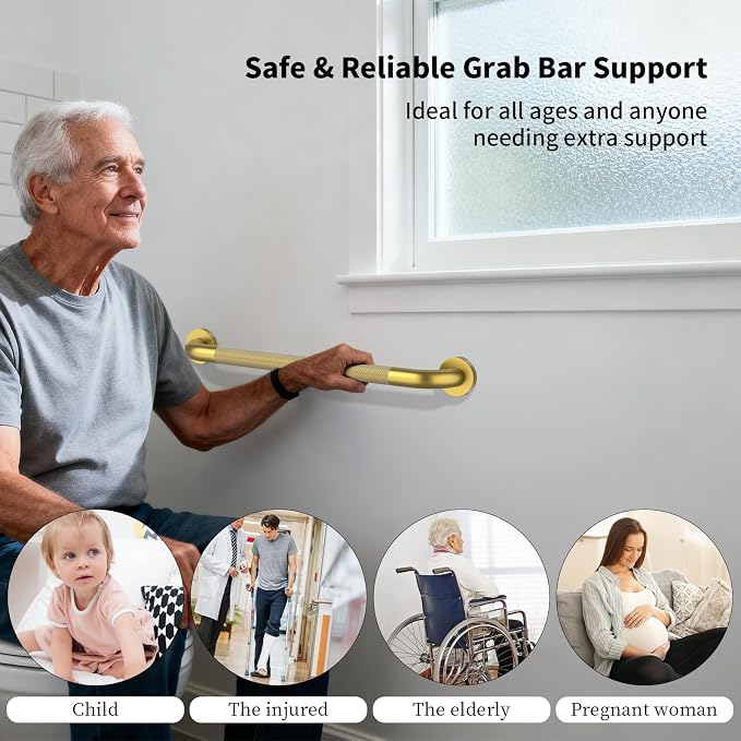 Brushed Gold Grab Bar 24 Inch, iHansee Anti-Slip Bathroom Grab Bar w/Knurled Grip, Stainless Steel Safety Handrail for Toilet Bathtub, Wall Mounted Shower Handle Handicap Bars for Senior Elderly