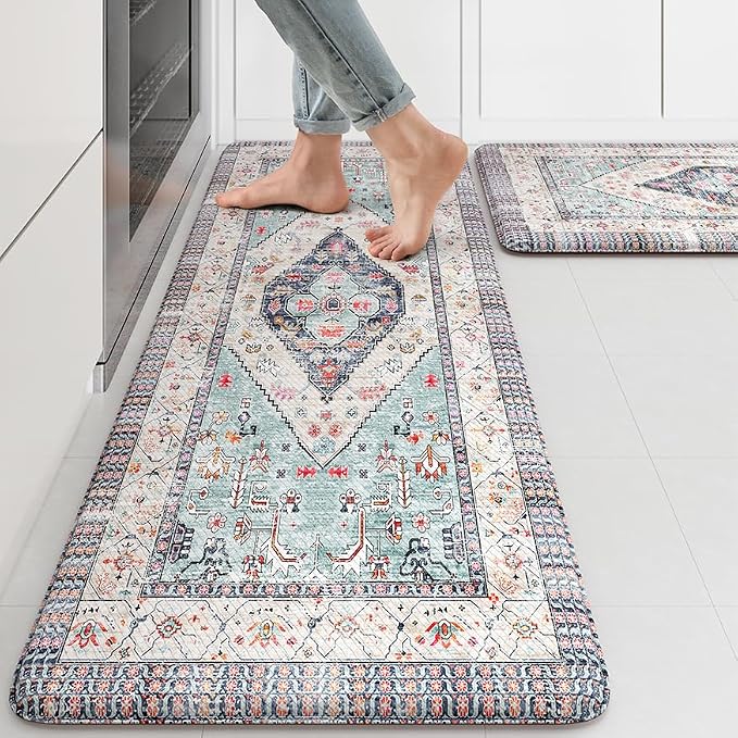 KIMODE Farmhouse Kitchen Mats, Anti Fatigue Kitchen Rugs Sets of 2, Non Slip Paded Kitchen Floor Mats, Blue Boho Laundry Room Rug, Ergonomic Cushioned Comfort Standing Mat for Office, Sink, Desk