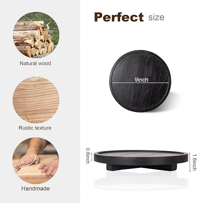 Round Decorative Tray Wood Bathroom Counter Organizer Farmhouse Kitchen Decor Wooden Riser for Soap Dish, Perfume, Candle, Sponge, 9" - Black
