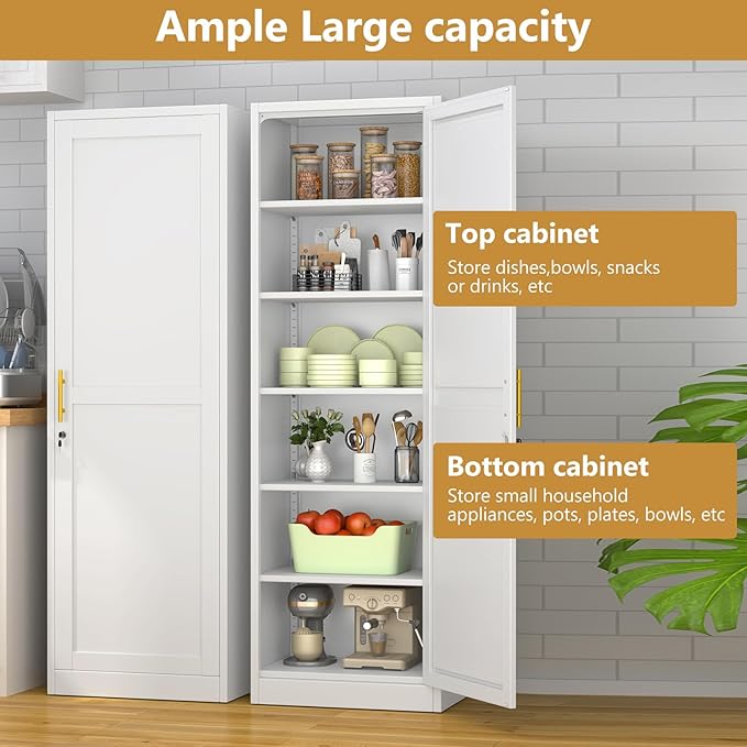 Tall Narrow Slim Metal Storage Cabinet with Lock and 5 Adjustable Shelves,Steel File Cabinets,Kitchen Pantry Cabinet Locker Organizer - 67" Storage Cabinets Bathroom,Bedroom,Office,White