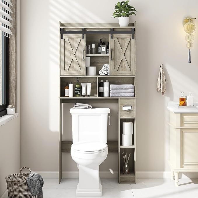 Vabches Over The Toilet Storage Cabinet, Farmhouse Storage Cabinet Over Toilet with Sliding Door& Toilet Paper Holder Stand，Home Space-Saving Toilet Rack, for Bathroom, Restroom, Laundry