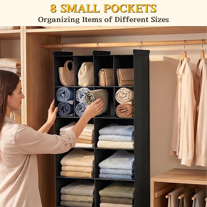 Ofiray-home 6 Tier Hanging Closet Organizer, 16 Compartments Sweater Organizer for Closet with 3 Sturdy Hooks, Closet Organizers and Storage, Wardrobe, Rv, Garment Rack, Black
