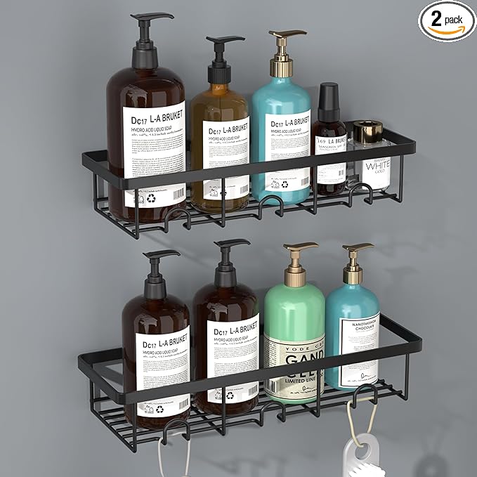 Shower Shelves for Inside Shower, 2 Pack Adhesive Bathroom Caddy Organizer Basket Rack for Storage and Organization, Wall Suction Bath Bathtub Shampoo Holder Set for RV Camper, Black