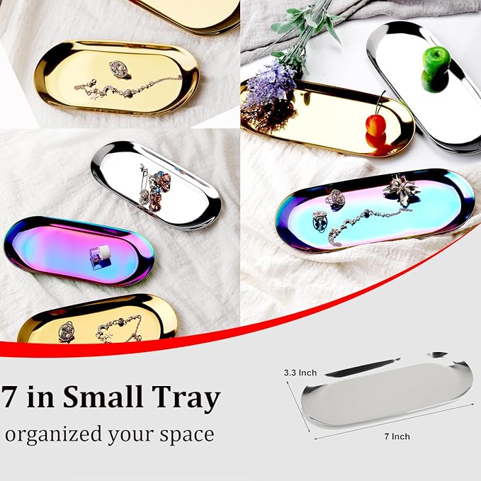 Stainless Steel Decorative Tray, Set of 2, 7 Inch Long, Jewelry Dish Cosmetics Organizer Bathroom Clutter Serving Platter Small Storage Tray, Oval, Silver