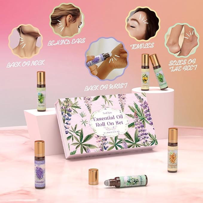 SoulOrigin Essential Oil Roll On Set, Natural Aromatherapy Oils with Portable Roller Ball for Skin Care- Tea Tree, Frankincense & Myrrh, Lavender, Peppermint, Eucalyptus, Lemon - Gifts for Women & Men