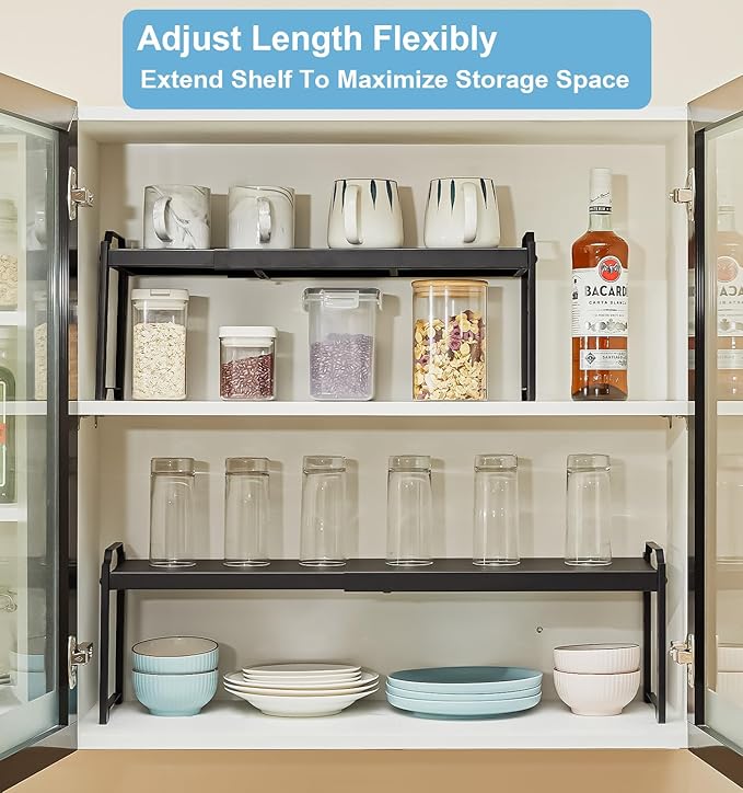 X-cosrack 25.5 Inches 3 Pack Expandable Cabinet Shelves, Stackable Shelf Organizer for Kitchen Cabinet Countertop Storage, Adjustable Counter Cupboard Pantry Organizer Shelf Rack Stand Riser, Black