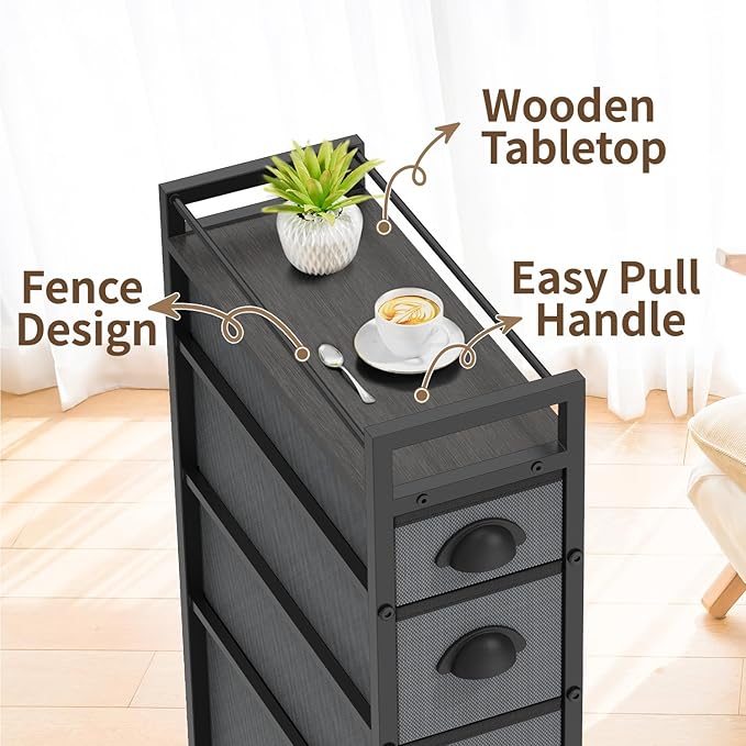 LASZOLA 4 Drawer Narrow Slim Cabinet Skinny Storage Tower Chest, Ideal for Small Spaces, Between Washer and Dryer, Lightweight Mobile on Wheels, Sturdy Fabric Drawers