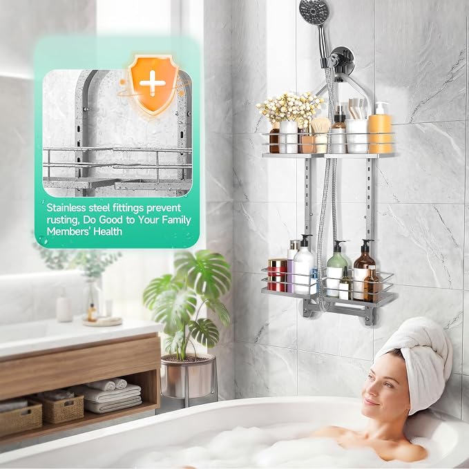 Shower Caddy Hanging for Handheld Showerheads Adjustable Hagging Shower Caddy, Stainless Steel Hose Hanging Shower Organizer 4 Levels Height Shower Rack (Sliver)