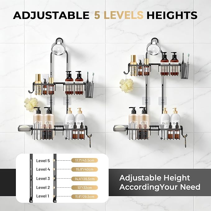 Adjustable Hanging Shower Caddy for Handheld Showerhead, Rustproof Aluminum Over Shower Head Organizer, Renter-Friendly No-Swing Storage for Tall Bottles & Soap, 2-Tier, Black