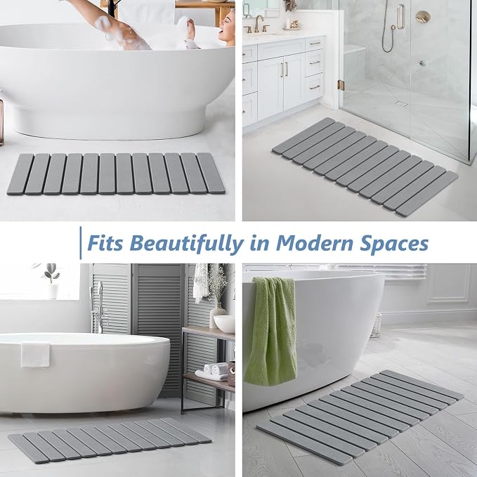 AWW Foldable Stone Bath Mat, Quick Dry Diatomaceous Earth Bath Mat with Non-Slip Mat, Super Absorbent, Easy to Clean, Compact for Small Bathrooms, 31.5 x 15.7, Grey