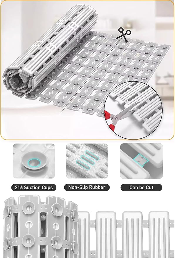 Bath Tub Shower Mat, 31 x 20 Inch, TPE Machine Washable Bathtub Floor Liner Bathroom Non-Slip Mats, Suction Cups and Drain Holes, Easy to Cut