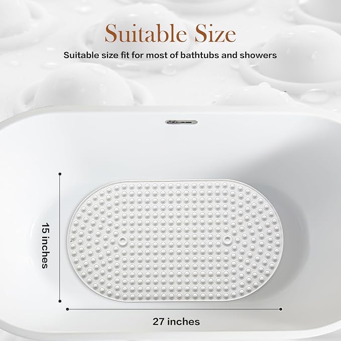 Bathtub Mat 27x15 Non Slip - White Silicone Pop It Bath Mat for Tub, Soft Cushioned Shower Mat with Strong Suction Cups, Small Oval for Inside Bathroom, White