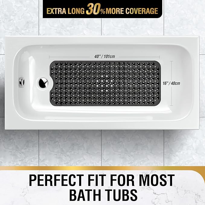 HITSLAM Bath Mat for Tub, Non Slip Bathtub Mat, 40 x 16 Inch Extra Long Bath Tub Mat, Machine Washable Bathroom Shower Mat with Suction Cups and Drain Holes, Soft on Feet, Clear Black