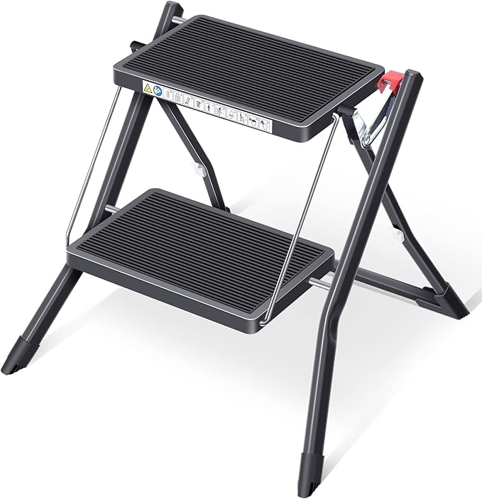 KINGRACK Folding Step Ladder, 2 Step Foldable Step Stool, Portable Stepladder with Handle, Non-Slip Rubber Mat, Release Button, Small Household Stepping Stool for Home Kitchen, for up to 330lbs, Black
