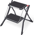 KINGRACK Folding Step Ladder, 2 Step Foldable Step Stool, Portable Stepladder with Handle, Non-Slip Rubber Mat, Release Button, Small Household Stepping Stool for Home Kitchen, for up to 330lbs, Black