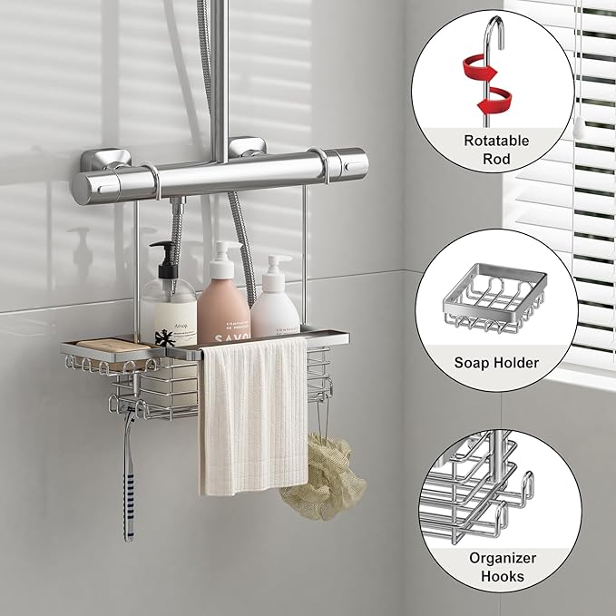 Hanging Shower Caddy, 304 Stainless Steel Shower Organizer with Towel Bar & Hooks, Over Shower Rod, Towel Bar or Glass Panel Storage Basket with Soap Holder, Rustproof Bathroom Caddy, 1 Pack