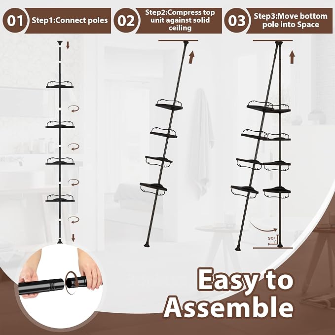 Corner Shower Caddy Tension Pole - Heavy Duty Floor to Ceiling Shower Organizer Tension Pole with 4 Shelves,54"-114” Adjustable Rustproof Stand Rack for Bathtub,Bathroom,Dorm,RV - Black