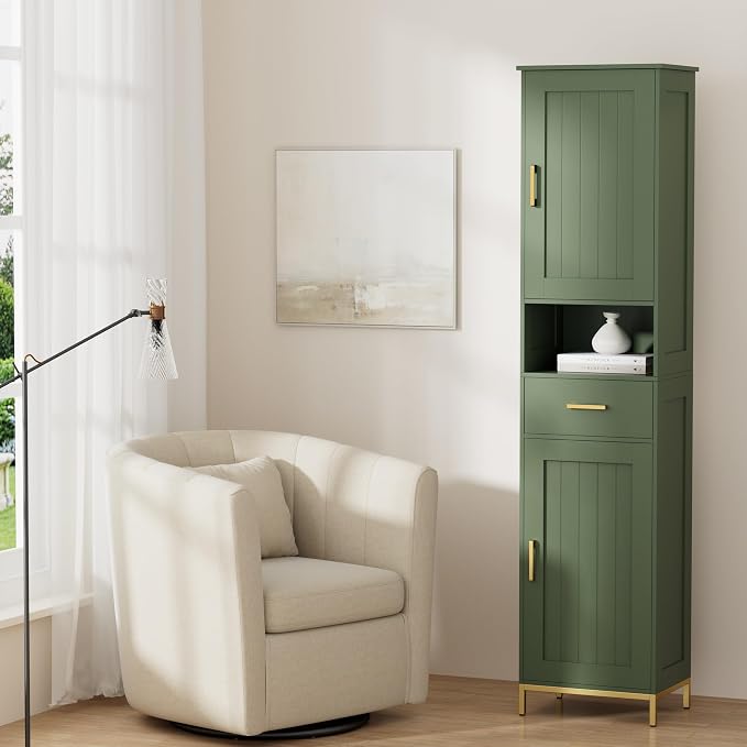 Homhedy 67" H Bathroom Storage Cabinet, Tall Storage Cabinet with Adjustable Shelves, Freestanding Cabinet with Doors and Drawer, Narrow Cabinet for Bathroom, Living Room, Kitchen, Dining Room, Green