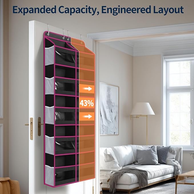 Yecaye 5-Tier Over The Door Organizer Dual-Column, 80lbs Load Over The Door Storage of 10 Compartments, Heavy Duty Door Organizer Hanging for Bedroom Closet Dorm Bathroom Pantry, Black and Pink 1 Pack