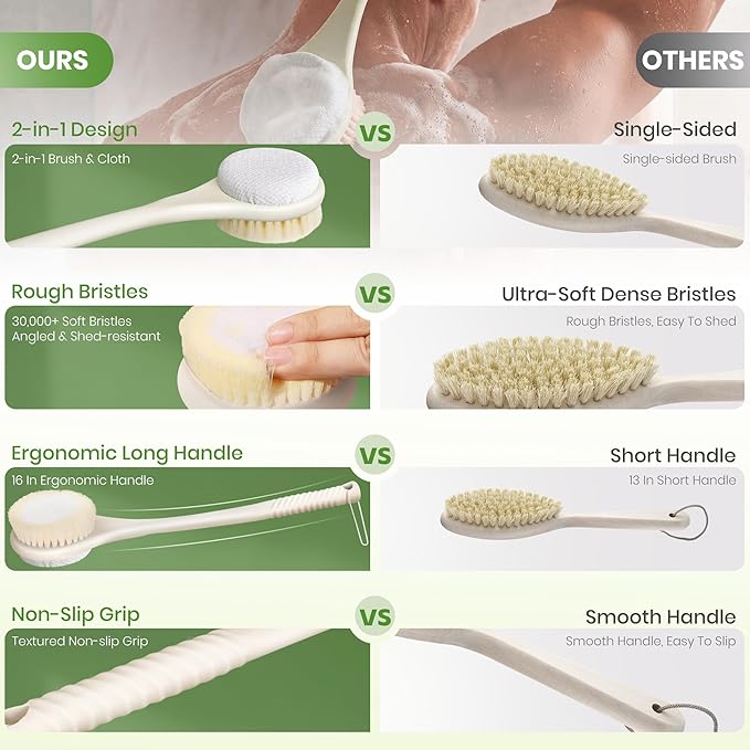Back Scrubber for Shower with Long Handle, Dual-Sided Bath Brush with Soft Bristles & 150D Exfoliating Cloth, Anti-Slip Grip, Lightweight Back Washer for Shower, Men & Women (Light Yellow)