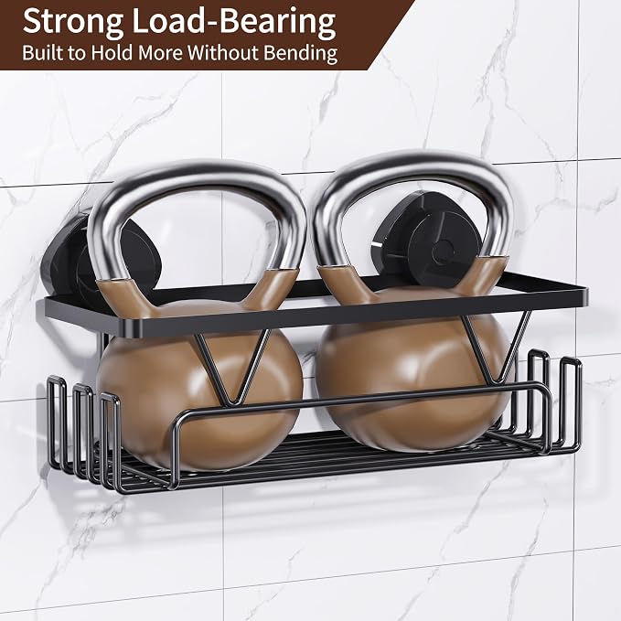 KEGII Shower Caddy Suction Cup, 3 Pack Removable Shower Shelves with Hooks & Soap Holder, No Drilling Bathroom Organizer, Waterproof Suction Storage for Inside Shower, Black
