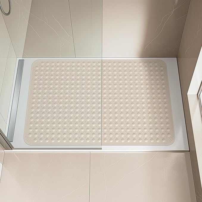 OTHWAY Extra Large Shower Mat 47"x 32", TPE Non Slip Shower Mat for Shower Stall, Inside Walk in Shower Mats with Drain Holes Suction Cups, Anti-Slip for Elderly Kids (Apricot)
